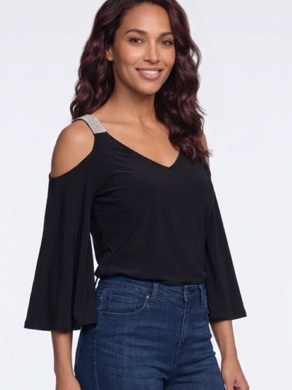 S. Levine Black Rhinestone Cold Shoulder Bell Sleeve Top Size Medium